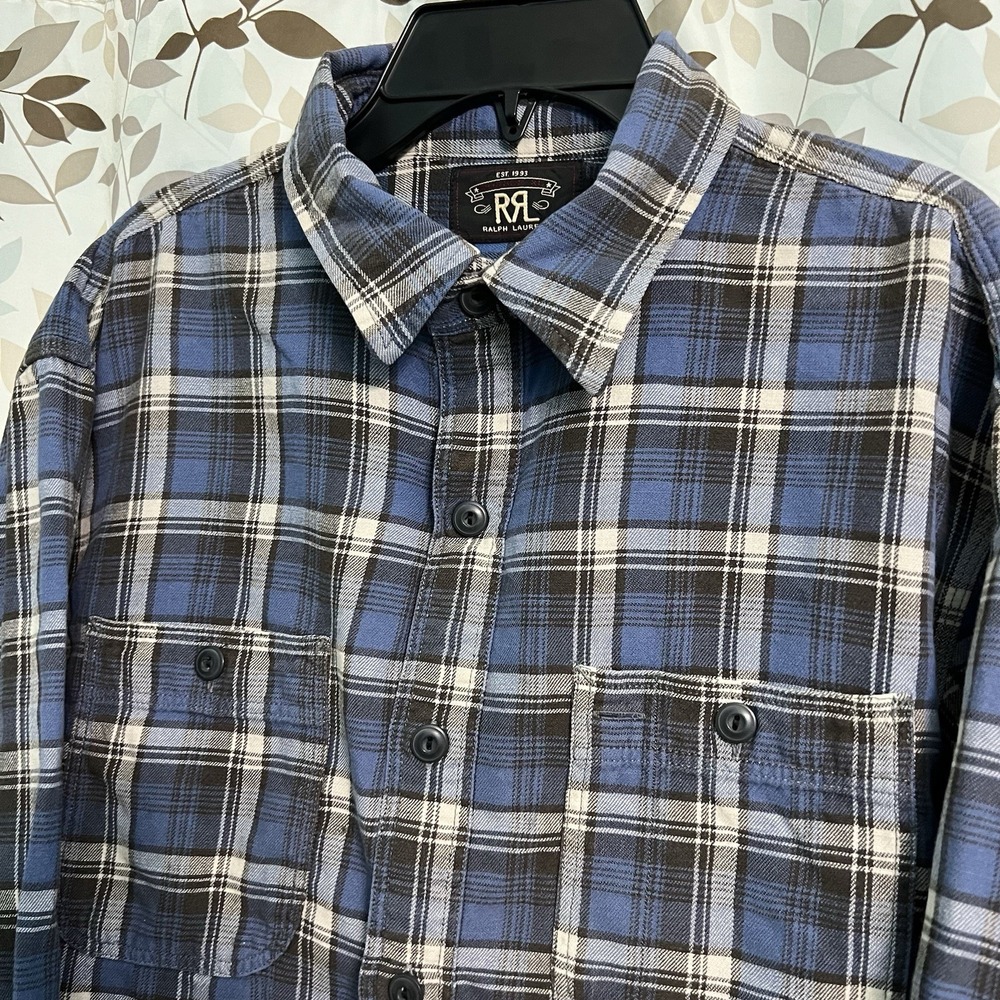 Size Large RRL Double RL Ralph Lauren Button Up Work Shirt Plaid Blue Flannel